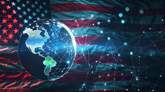 Digital concept of import tariffs with holographic globe on american flag for global trade insights