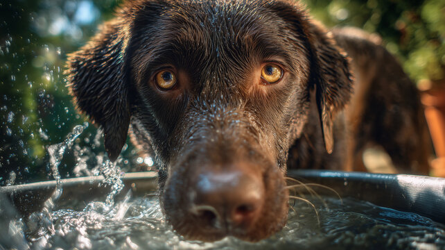 Cute chocolate Labrador Retriever enjoying fresh water