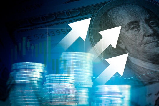 US interest rate rising , trade policy , business graph and dollars banknote , tax calculation change