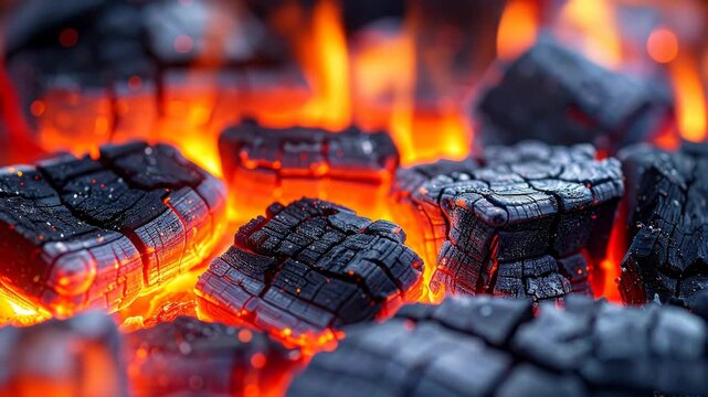 Glowing Embers: Close-Up of Burning Charcoal with Intense Heat and Flickering Flames