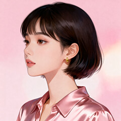 ソフトピンクのパステル背景にサテンブラウスを着た若い女性ポートレート