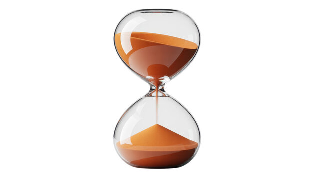 Glass hourglass with orange sand timer isolated on a transparent background