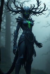 Fototapeta premium Dark nature spirit warrior with branching crown and green heart