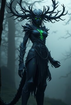 Dark nature spirit warrior with branching crown and green heart