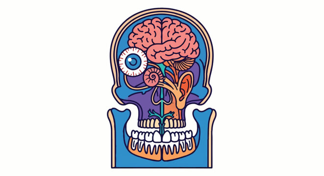 Cross section anatomy of human head brain eye and skull vector illustration