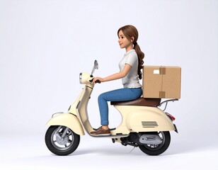Side View of 3D Woman Riding Retro Scooter for Home Delivery Service