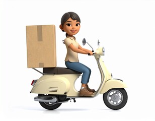 3D Female Delivery Driver on Cream Scooter Carrying Large Package