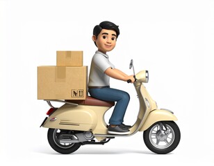 3D Male Courier Character Riding Vintage Scooter with Cardboard Boxes