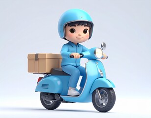 Cute 3D Delivery Boy in Blue Uniform Wearing Helmet Riding Scooter