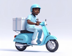 3D African American Delivery Man in Blue Uniform Riding Electric Moped