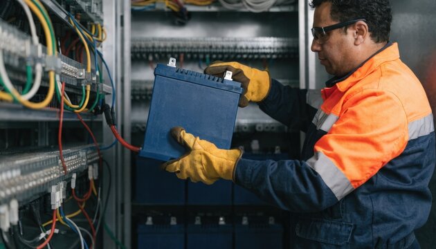 Technician carefully removing a large AGM telecom battery inside a service cabinet with main battery in sharp focus and surrounding equipment blurred.
