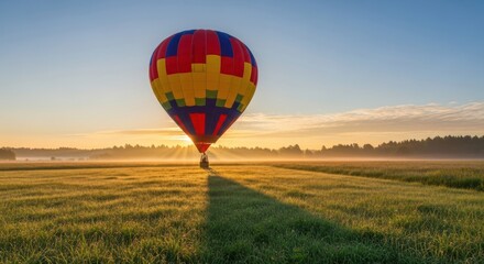 Fototapeta premium Hot air balloon taking off in a foggy field at sunrise