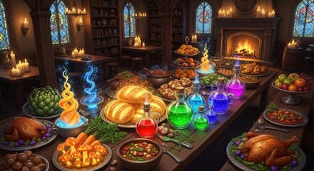 Fototapeta premium A magical feast with enchanted potions and food laid out on a table.