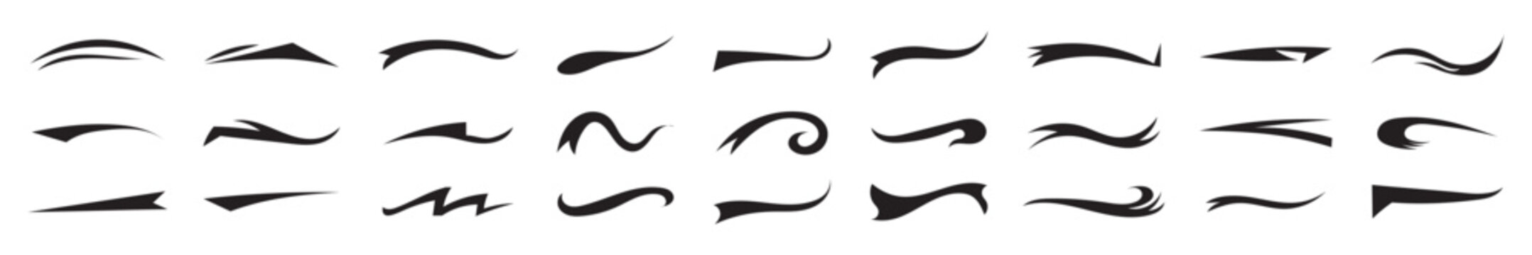 Vector swash swoosh flourish design elements. Curly swish tails and sporty plume swirl logo vector elements for retro banners