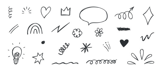 Hand drawn doodle elements. Handwritten line sketch of flower, crown, arrow, rainbow, underlines, heart in pen brush style. Crayon icon set. Isolated vector illustration for journal, poster, collage. © Ellen7