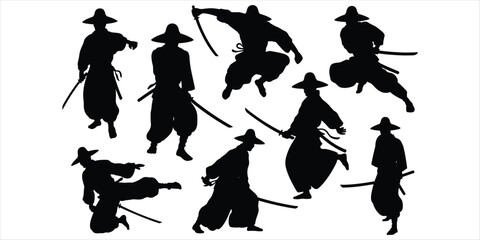 Silhouettes of samurai warriors in various dynamic fighting poses Keywords: samurai, warrior, martial arts, fighting, combat