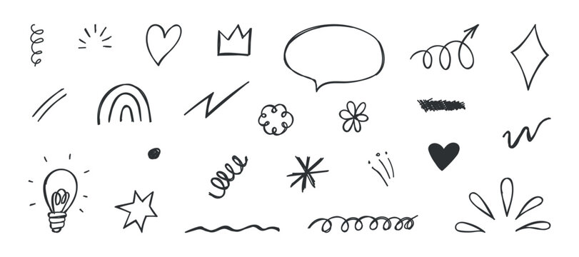 Hand drawn doodle elements. Handwritten line sketch of flower, crown, arrow, rainbow, underlines, heart in pen brush style. Crayon icon set. Isolated vector illustration for journal, poster, collage.