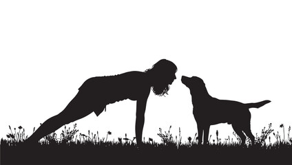 Silhouette woman doing yoga plank pose while dog stands nose to nose in meadow grass, minimalist black cutout on white background with copy space featuring exercise, workout, fitness with stretching © Moinul