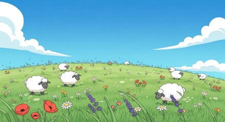 Fototapeta premium Cute cartoon sheep grazing in a green meadow on a sunny summer day.
