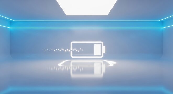 A battery icon discharging in a futuristic room with neon blue lights and reflective floor viewed from the front