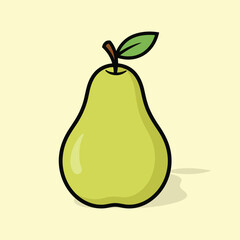 Vector illustration of a vibrant cartoon illustration of a green pear with a leaf on top against a pale yellow background