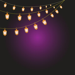 abstract background with hanging  lanterns glowing in night darkness,  , light effect design art illustrator golden lamp design in illustrator 