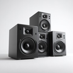 Obraz premium A still life composition of three dark, rectangular audio speakers on a white background