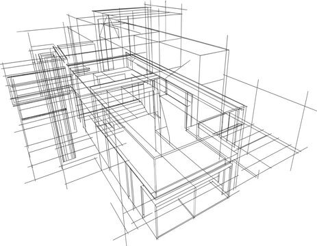 Architectural house wireframe line drawing featuring modern residential building construction frame and structural engineering design