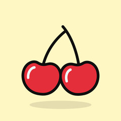 Obraz premium Vector illustration of a cartoon illustration of two ripe red cherries with a green stem on a pale yellow background