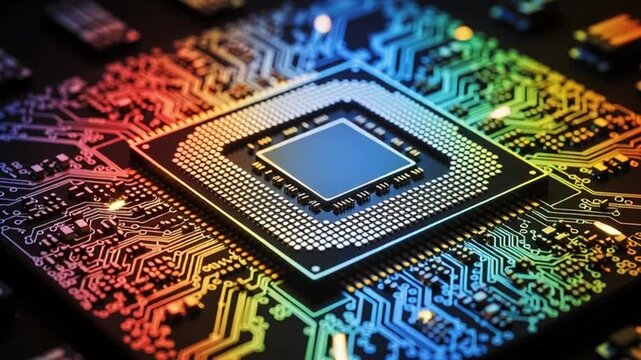 A close-up view of a microchip on a colorful circuit board with rainbow hues.