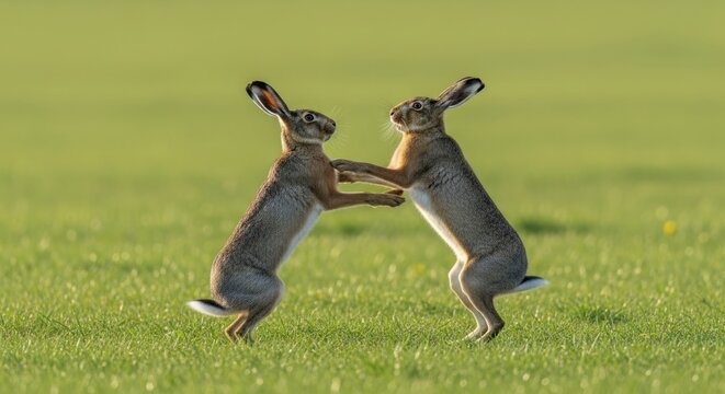 Two boxing hares fight in a green meadow.
