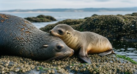 Fototapeta premium A baby seal rests its head on its mother on the rocks.