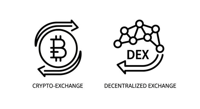 Bitcoin symbol with circular arrows representing crypto exchange, and DEX decentralized exchange network icon with arrows, symbolizing digital currency trading platforms.
