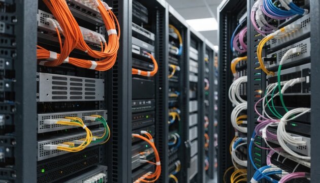 Medium shot of carrierneutral colocation racks with colorful network cables sharply focused set in a modern office data center environment blurred background highlights