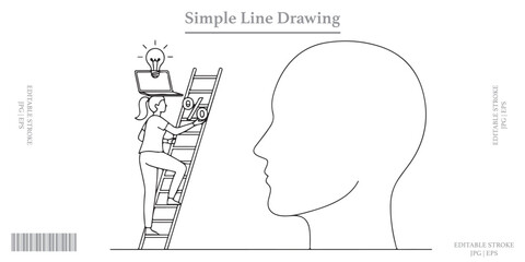 Idea lightbulb ladder inside mind head simple line drawing © Bigbambe