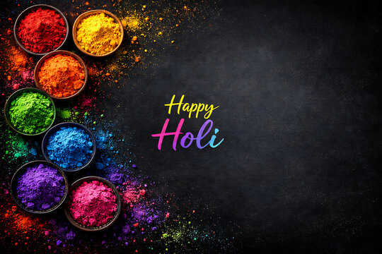 Circular arrangement of colorful gulal bowls on dark textured background provides elegant space for holi greetings after holika dhan festivities and happy rang panchami event