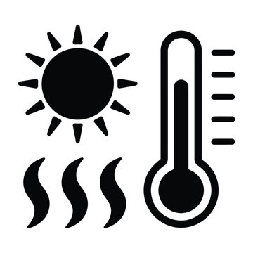 Black Icon Depicting a Sunny Day and High Temperature Reading on a Thermometer