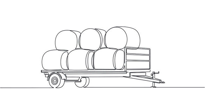 A simple, continuous line art drawing shows a trailer carrying round hay bales, conveying themes of agriculture, harvest, and rural life in a minimalist design.