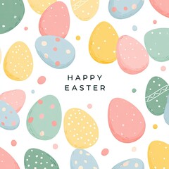 Pastel Easter graphic featuring painted eggs in various colors scattered on a white background