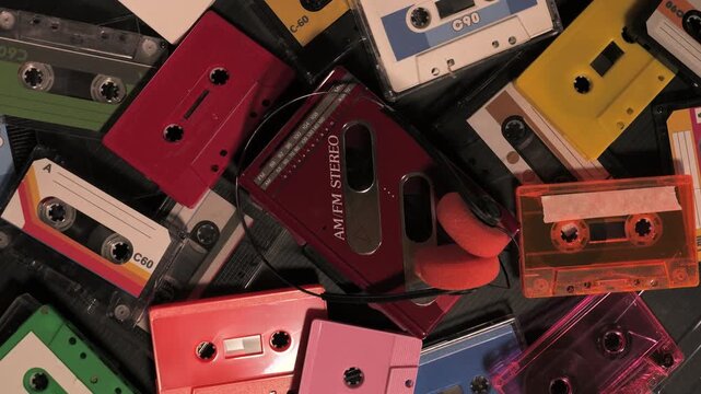 Vintage audio cassettes and personal stereo player rotating