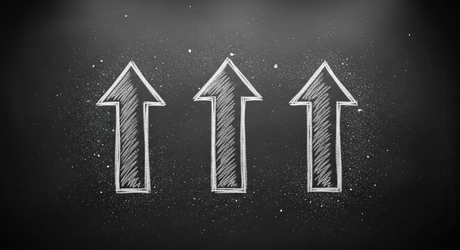 Three hand drawn chalk arrows pointing up on black blackboard background representing growth success progress improvement and forward movement in business and education