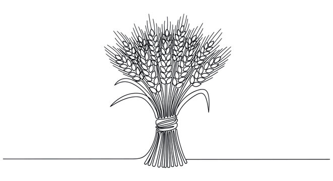 A minimalist, modern illustration of a wheat sheaf rendered in a single, unbroken black line against a white background, perfect for representing agriculture, harvest, or natural themes.