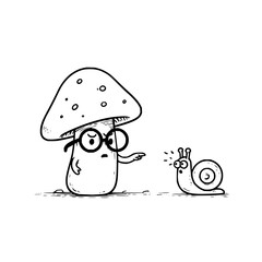 Mushroom Character Wearing Glasses Talking to Snail