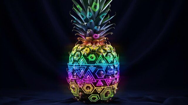 Vibrant neon-lit pineapple with geometric patterns glows brightly on dark background