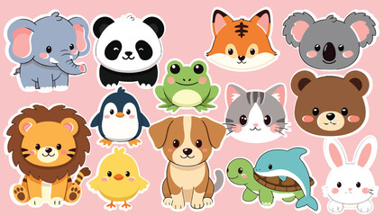 Fototapeta premium Set of 13 cute animal stickers vector