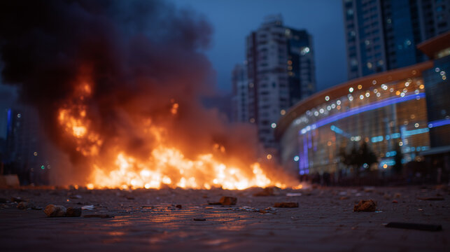 Street Protest at Night with Fire and Smoke in City High-resolution editorial-style photograph of street protest at night, fire burning on roadway near building facade, people gath