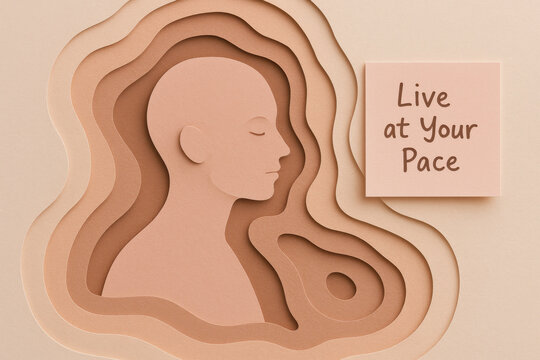Calm paper cut silhouette in layered mindfulness concept. Nude and blush tones create slow pace feeling, reminding one to live with intention for mental wellness