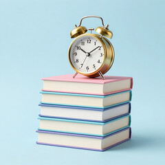 A retro metal alarm clock with bells sits atop a stack of old books to represent the concept of time, morning wake calls, and school deadlines in education