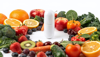 Healthy Food and Supplement, Vitamin Capsule Surrounded by Fresh Produce