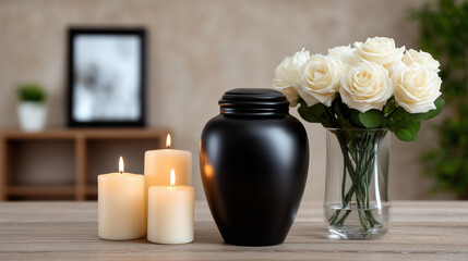 Obraz premium Black urn with white roses and candles on a table, peaceful memorial scene indoors urn, memorial, funeral, remembrance, candles, white roses, grief, mourning, tribute